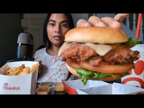 ASMR Chick-fil-A Spicy Chicken Deluxe Meal Mukbang , Eating Chewing Sounds
