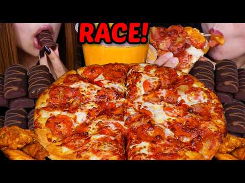 ASMR RACE! BUTTER CHICKEN CHEESY PEPPERONI PIZZA & MINI DOVE ICE CREAM BARS 먹방