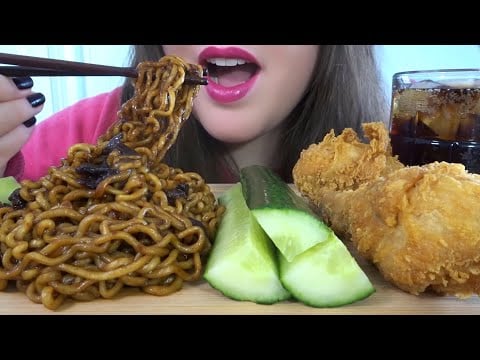 ASMR Black Bean Noodles & Popeyes Fried Chicken Mukbang - Eating & Drinking Sounds
