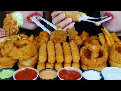 ASMR FRIED FOOD FEAST! CHEESY MOZZARELLA STICKS, GIANT CRUNCHY ONION RINGS, FRIED CHICKEN, FRIES 먹방