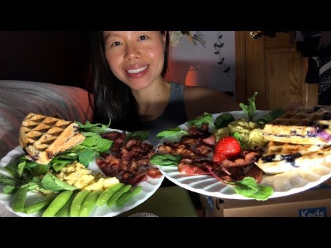 ASMR All American Breakfast Brunch EATING SOUNDS MUKBANG! (Bacon, Eggs, Waffles, Salad, CRISPY Peas)