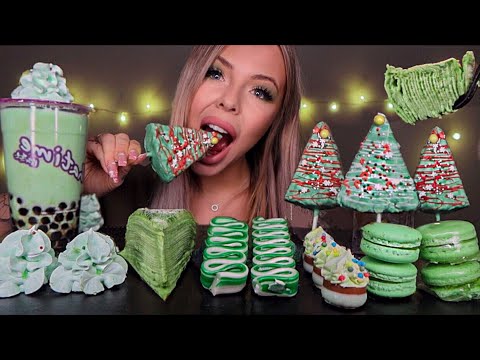 ASMR EDIBLE CHRISTMAS TREES, CANDY RIBBON, BUBBLE TEA, MATCHA CREPE CAKE, MERINGUE MUKBANG 먹방