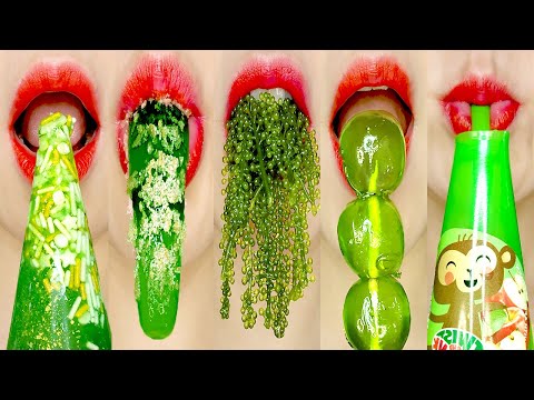 [ASMR MUKBANG] GREEN EMOJI FOOD 초록색 이모지 입술 먹방 (honey jelly, sea grape) EATING SOUNDS