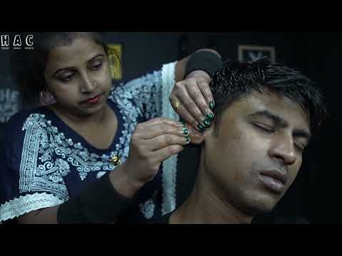 Lady Barber Doing Neck Cracking Head Massage To Another Male Barber | Wooden Tool Neck Massage ASMR