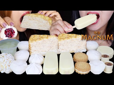 ASMR WHITE CHOCOLATE DESSERTS (BLUEBERRY MOCHI ICE CREAM, CREPE CAKE, MAGNUM ICE CREAM BARS 먹방