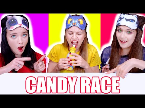 ASMR Candy Race With Closed Eyes Red, Yellow, Purple Food Mukbang