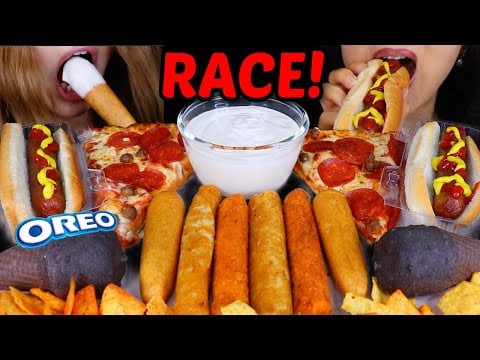 ASMR GAS STATION FOODS RACE! Pepperoni pizzas, Oreo ice cream, corn dogs, buffalo chicken rollers
