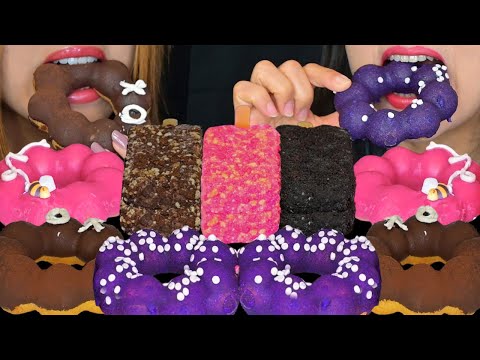 ASMR EATING MOCHI DONUTS & SOFT ICE CREAM CAKE BARS! CHOCOLATE, OREO, STRAWBERRY SHORTCAKE, UBE 먹방