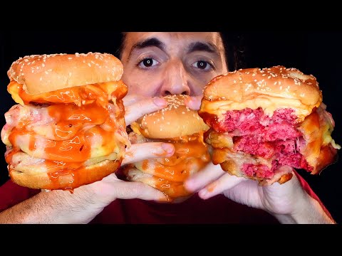 HUGE 3 CHEESE QUADRUPLE SPICY CHICKEN BURGER ! ASMR MUKBANG( Real Sounds ) | Nomnomsammieboy