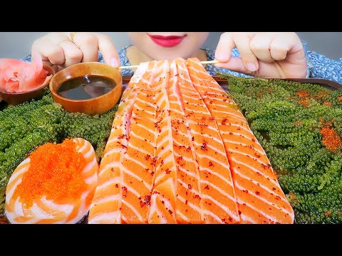 ASMR RAW SALMON NOODLES X SEAGRAPES , EATING SOUNDS | LINH-ASMR