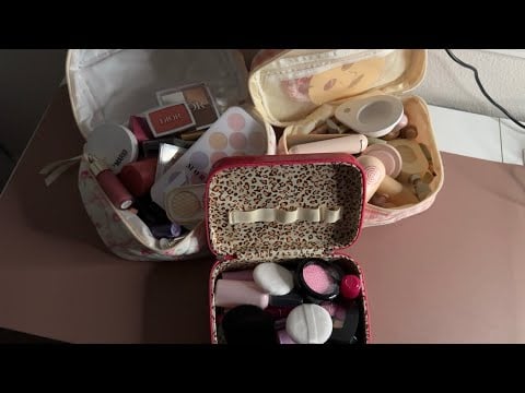 ASMR Rummaging through makeup bags- wooden, pretend & real makeup (no talking)
