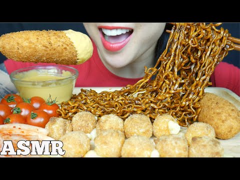 ASMR CHEESY CORN DOGS + SPICY NOODLES CHEESE BALLS CHEESE SAUCE (EATING SOUND) | SAS-ASMR