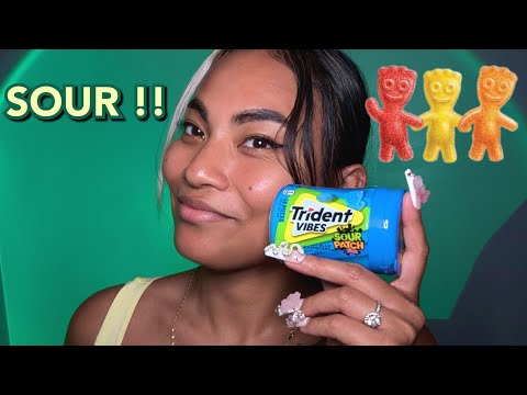 ASMR Chewing Trident Sour Patch Gum , Nail Tapping Sounds , Tingly Lens Tapping