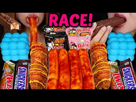 ASMR FAVORITE FOODS RACE! Candy ice cream bars, GIANT spicy rice cakes, blue mousse cakes 먹방