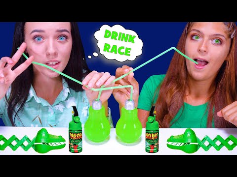 ASMR GREEN FOOD RACE PARTY (No Hands Race, Drink Race, Croco Race)