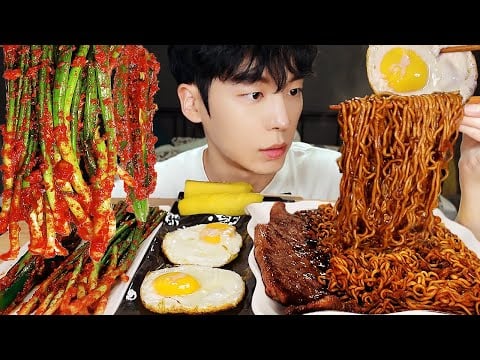 MUKBANG | 직접 만든 파 김치 레시피 & 짜파게티, 소고기, 계란 먹방 | KIMCHI RECIPE KOREAN HOME FOOD