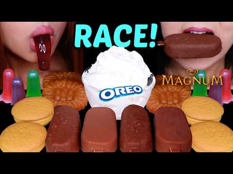 ASMR LEFTOVER DESSERT RACE! Dubai Chocolate Magnum ice cream bars, Marshmallow Choco Pie, Jelly 먹방