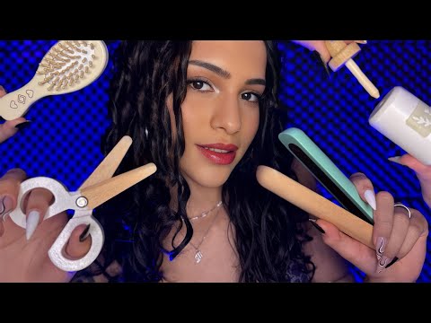 ASMR ATENÇÃO PESSOAL COM OBJETOS DE MADEIRA 🪵 SKIN CARE E CABELO  💤