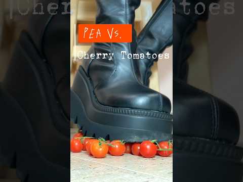 Pea vs. Juicy Tomatoes! Platform Boots Crushing Food! Oddly Satisfying! ASMR