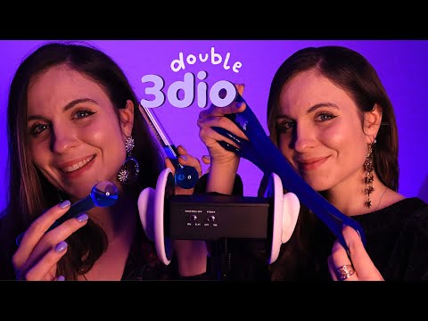 ASMR TWIN 💜 Double 3Dio 💜 (Inaudible, mouth sounds, slime, brushing, ...)