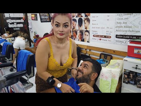 💈ASMR STRAIGHT RAZOR SHAVE w/ HOT TOWEL & SOFT FACE MASSAGE | THAI LADY BARBER