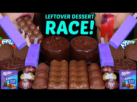 ASMR LEFTOVER DESSERT RACE! BUBBLY CHOCOLATE, MOUSSE CAKE, PURPLE ICE CREAM, MILKA OREO, KINDER EGGS