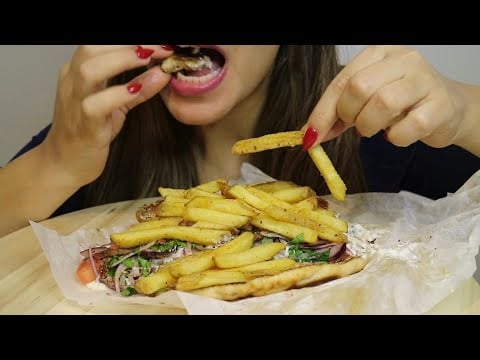 ASMR CHICKEN SOUVLAKI PITA / FRIES / TZATZIKI / no talking / CREMA ASMR #asmr #mukbang #souvlaki