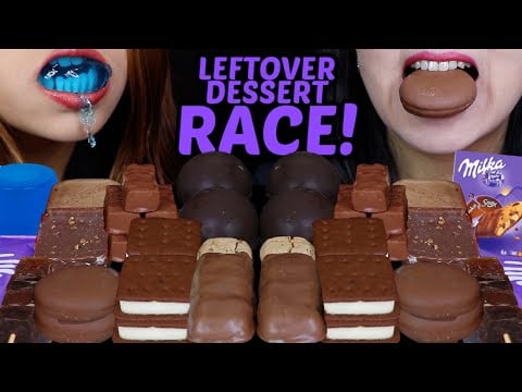 ASMR LEFTOVER DESSERT RACE! MILKA COOKIE BAR, MINI ICE CREAM SANDWICHES, BON BONS COFFEE JELLY CANDY