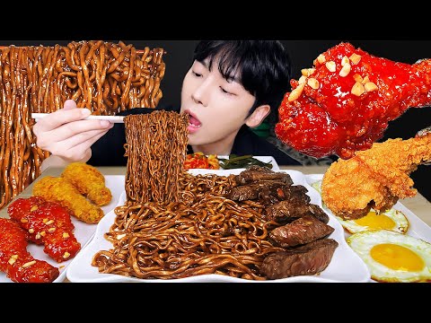 ASMR MUKBANG 직접 만든 양념 치킨먹방! 스테이크 짜파게티 레시피 & 먹방 FRIED CHICKEN AND BLACK BEAN NOODLES EATING SOUND!