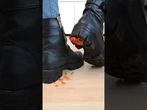 Tomatoes under 5 pairs of boots #highheels #crush #legs #foot #shorts #asmr #boots