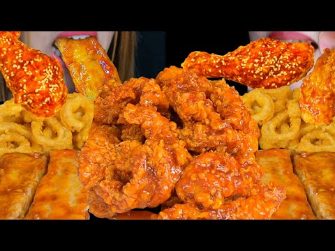 ASMR EATING SPICY KOREAN FRIED CHICKEN + FRIED CALAMARI + SPICY RED PEPPER HOT BAR 먹방