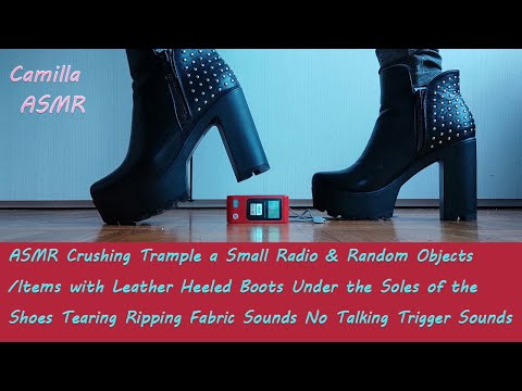 ASMR Crushing Trample Radio & Random Objects /Items with Leather Heeled Boots Ripping Fabric Sounds