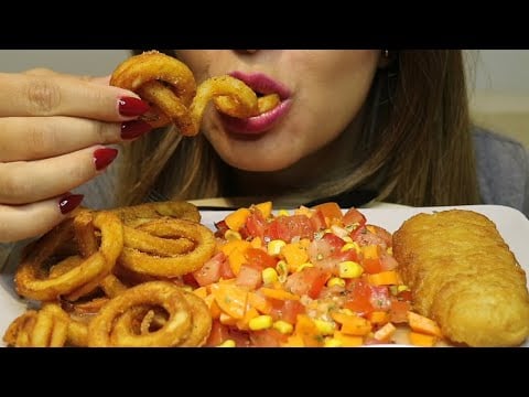 ASMR CURLY FRIES BREADED CODFISH SOUR SALAD MUKBANG no talking CREMA ASMR #asmr #mukbang #youtube