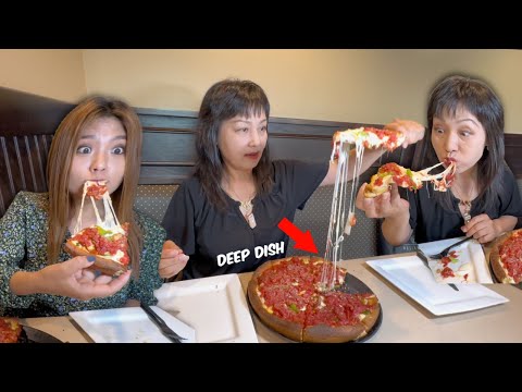 EATING DEEP DISH PIZZA FOR THE FIRST TIME! CREAMY FETTUCCINE ALFREDO + FRIED RAVIOLI