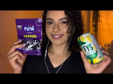 ASMR PROVANDO COMIDAS DE MERCADO- Balas Fini do Haloween, e muito mais! Asmr com mastigação. 