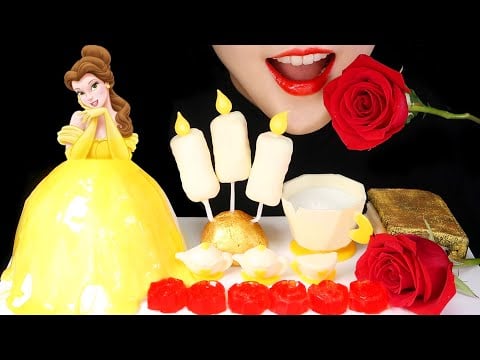 BEAUTY AND THE BEAST FOOD ASMR EDIBLE CUP, EDIBLE CANDLE, EDIBLE BOOK ASMR YELLOW FOOD MUKBANG