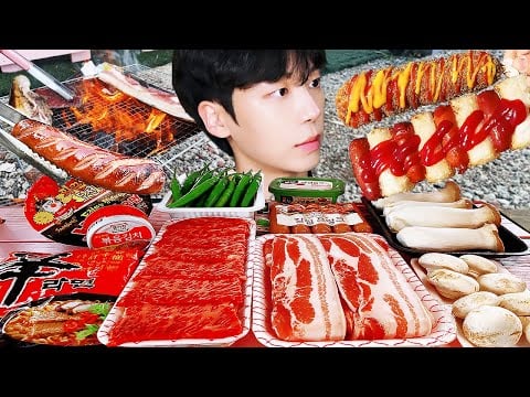ASMR MUKBANG | 직접 만든 불닭볶음면 & 핫도그 버섯 바베큐 캠핑 먹방 & 레시피 FIRE NOODLES AND BBQ EATING