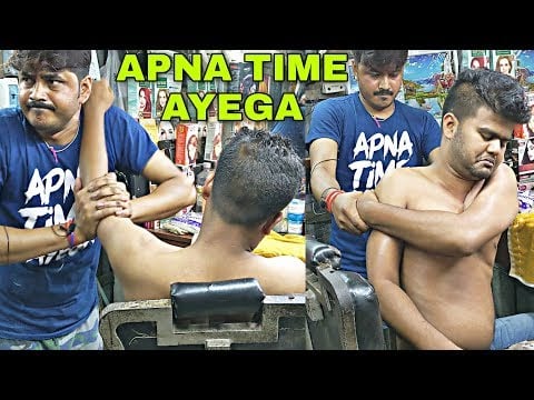 Dedicated Indian street barber asmr Head and body massage with unique neck cracking