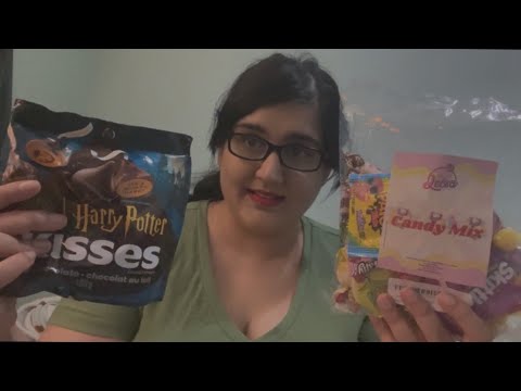 ASMR eating Halloween candy (crinkle sounds, whisper, ramble)