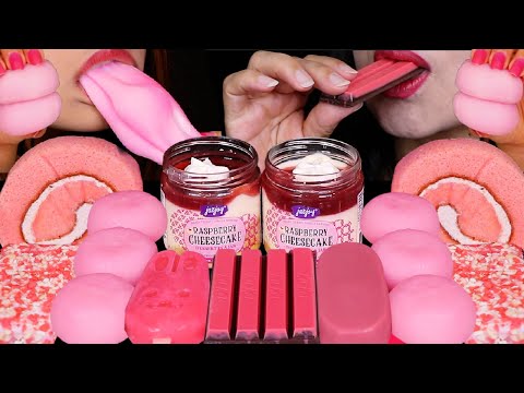 ASMR PINK DESSERTS! STRAWBERRY MOCHI ICE CREAM, KITKAT, BUNNY ICE CREAM, CHEESECAKE CUPS, ROLL CAKES