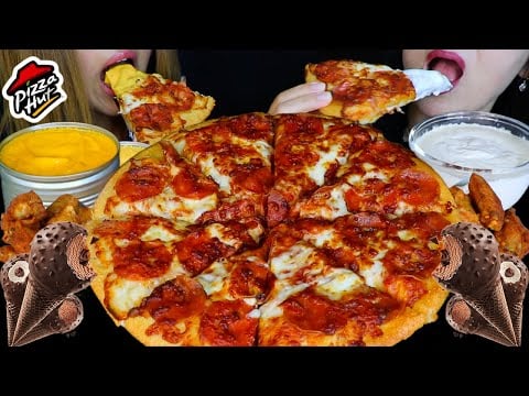 ASMR PIZZA HUT CHEESY PEPPERONI PIZZA in CHEESE SAUCE, HOT WINGS, ICE CREAM CONES 먹방