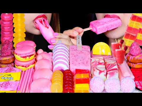 ASMR PINK LEMONADE DESSERTS (STRAWBERRY MOCHI, CHEESECAKE, ICE CREAM, GUMMY JELLY CANDY, MACARON) 먹방