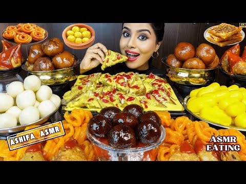 ASMR Eating Rasgulla,Gulab Jamun,Jalebi,Milk Peda,Samosa,Shahi Tukda Milk Sweets ASMR Eating Mukbang