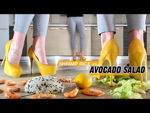 Rice & Shrimps vs. Salad & Avocado! High Heels Crushing Food! Oddly Satisfying! ASMR