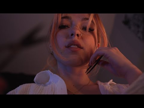 Lay in my lap while I pluck your eyebrows 😊 ASMR [ ambient TV sounds, scissors, tweezer sounds ]