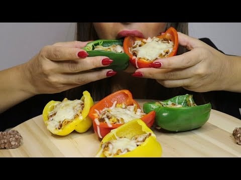 ASMR KETO FILLED BELL PEPPERS / MEAT & CHEESE / No talking / CREMA ASMR #asmr #mukbang #keto #food