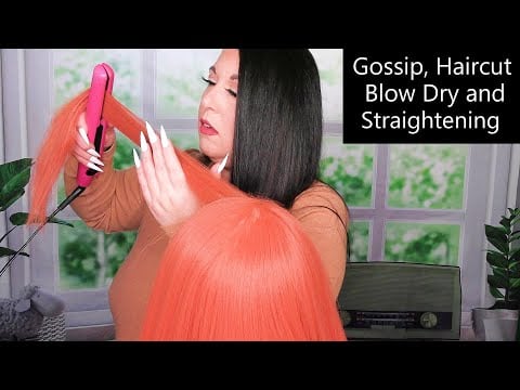 ASMR Haircut, Gossip, Blow Dry, Straightening (Lots of Whispering, Real Hair, Hair Dryer, Brushing)