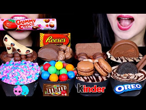 ASMR CHOCOLATE CAKE CUPS (M&M'S, MILKA, EDIBLE CHOCOLATE SHOE, KINDER, REESE'S, COTTON CANDY, OREO먹방