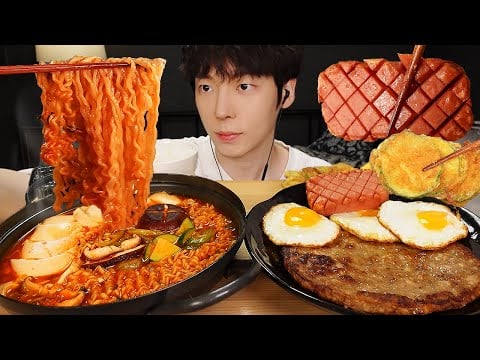 ASMR MUKBANG | 직접 만든 순두부 열라면 대왕 닭 떡갈비 스팸 계란 먹방 & 레시피 FIRE NOODLES CHICKEN EATING