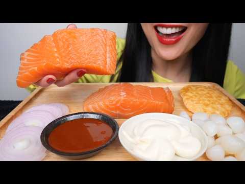 SALMON SASHIMI SLAB + FIRE SAUCE + MAYO + PICKLE GARLIC (ASMR EATING SOUNDS) NO TALKING | SAS-ASMR